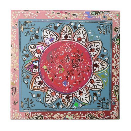 Indian Red Sunflower Style Red Floral Tile