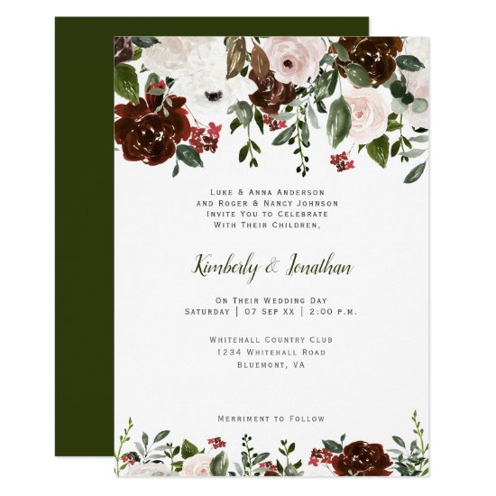 Indian Red White Forest Green Floral Botanicals Invitation