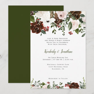 Indian Red White Forest Green Floral Botanicals Invitation