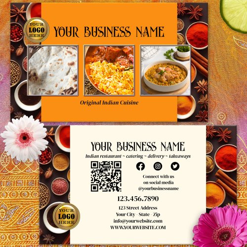 Indian Restaurant QR Code Photo Social Media Business Card