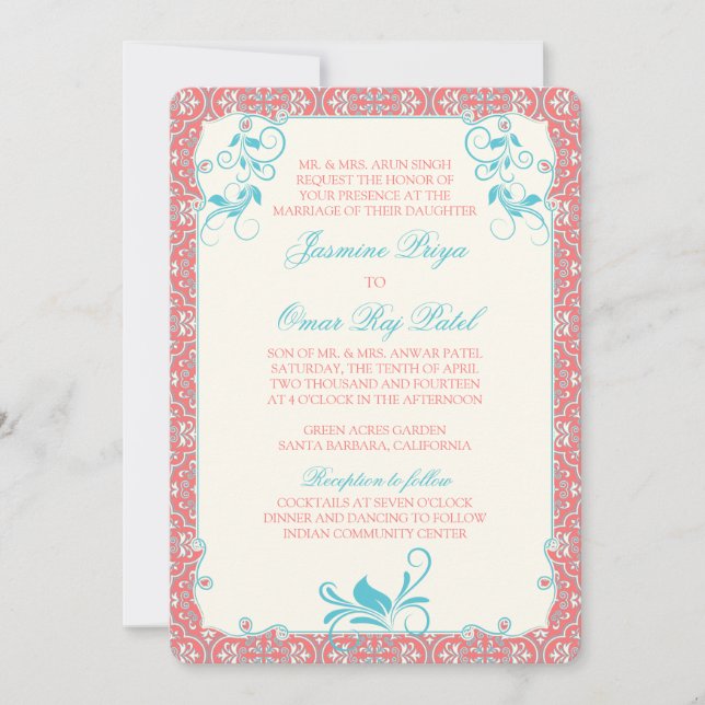 Indian Rococo Floral Coral Aqua Wedding Invitation (Front)