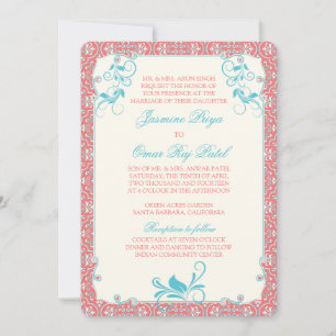 Indian Rococo Floral Coral Aqua Wedding Invitation
