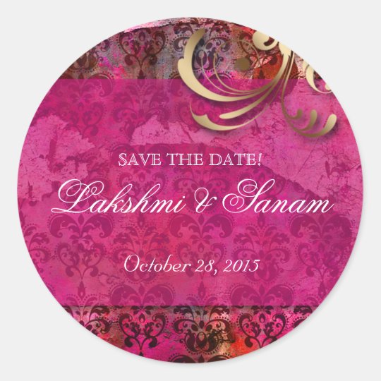 Indian Save Date Wedding Stickers Pink Gold Round Zazzle Com