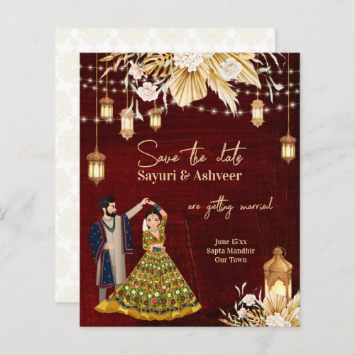 Indian Save the Date maroon gold dancing couple