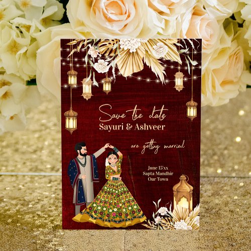 Indian Save the Date maroon gold dancing couple Invitation
