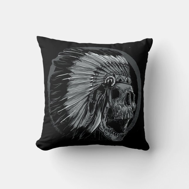 Indian Skull Illustration Throw Pillow (Front)