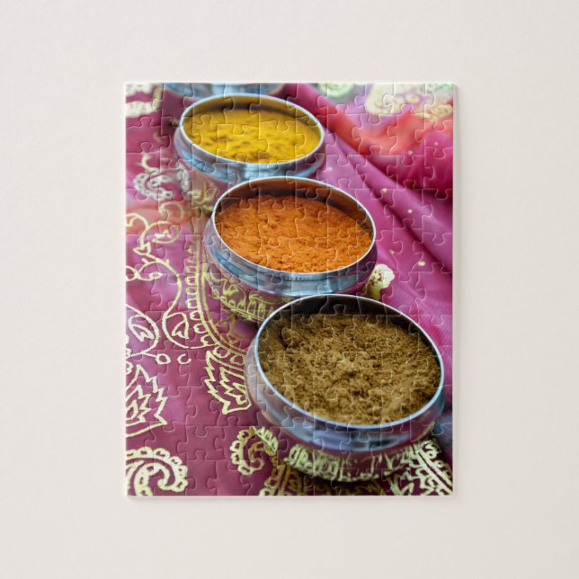 Indian Spice Pots on Pink and Gold Sari Jigsaw Puzzle (Vertical)