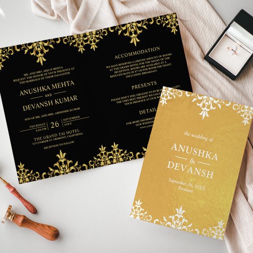 Indian Style Black Gold Damask Wedding Invitation
