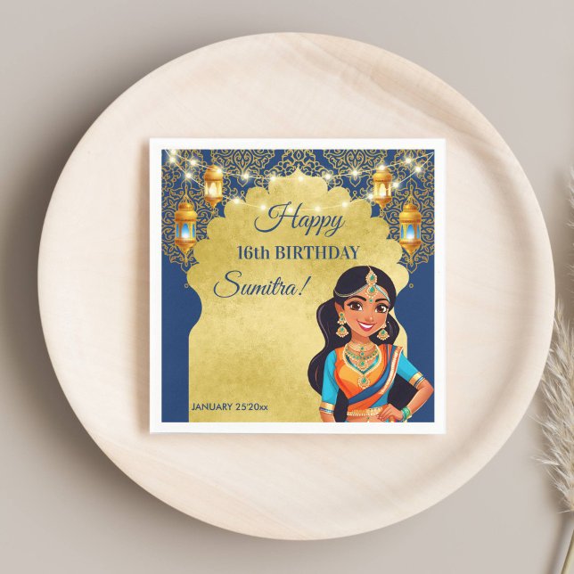 Indian style girls birthday party printed template napkins (Indian style girls birthday party printed template napkins personalized table decor blue and gold)