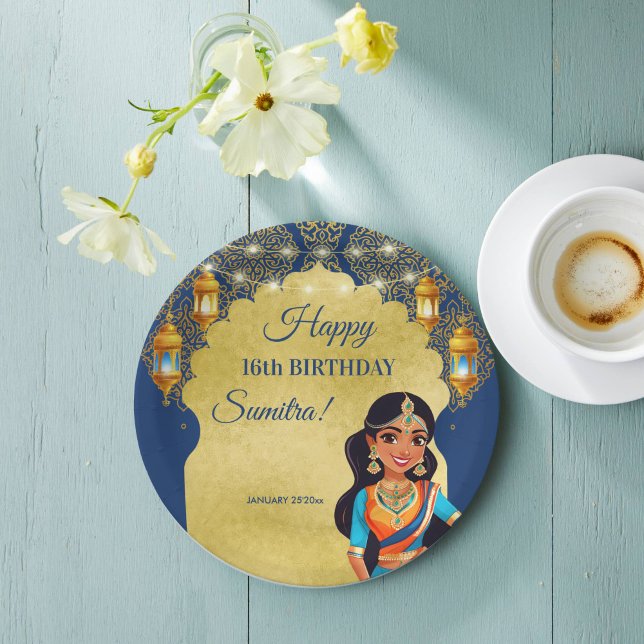 Indian style girls birthday party printed template paper plates (Indian style girls birthday party printed template paper plates personalized table decor blue gold)