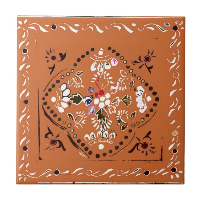Indian Style Orange Floral Tile (Front)