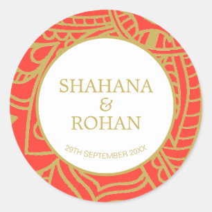 Indian Style Orange Gold Modern Wedding Classic Round Sticker