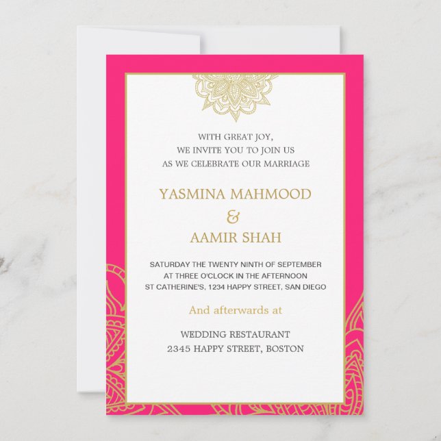  Indian Style Pink Gold Chic Wedding  Invitation (Back)
