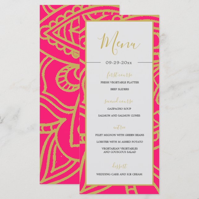 Indian Style Pink  Gold Color Chic Wedding  Menu (Front/Back)