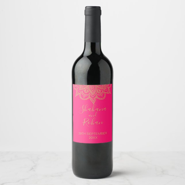 Indian Style Pink Gold Color Modern Wedding  Wine Label (Front)