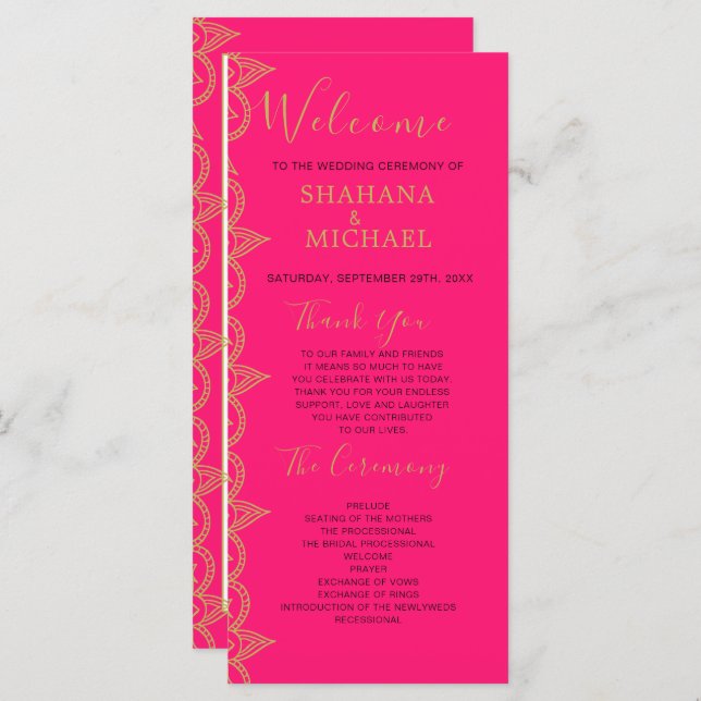 Indian Style Pink Gold Color Wedding Program (Front/Back)