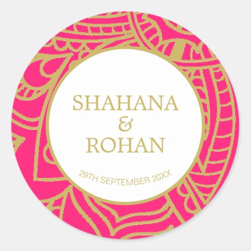 Indian Style Pink  Gold  Modern Wedding Class Classic Round Sticker