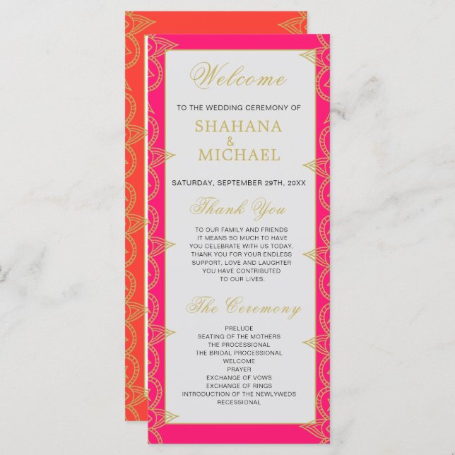 Indian Style Pink Orange Gold  Wedding Program (Front/Back)