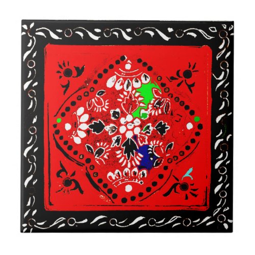 Indian Style RedBlack Floral Tile