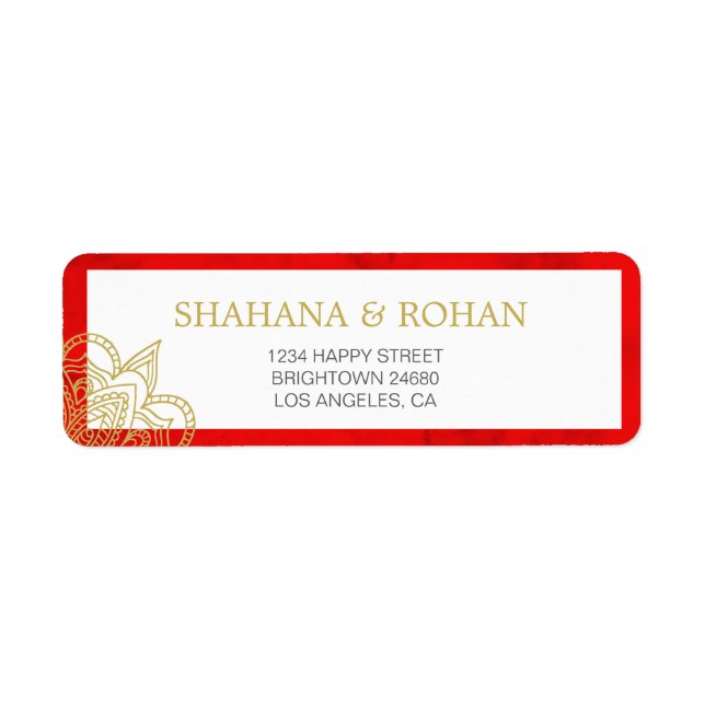 Indian Style Red Gold Chic Wedding Address Label (Front)