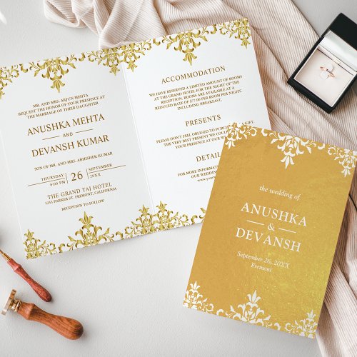 Indian Style White Gold Damask Wedding Invitation