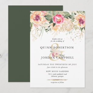 Indian Summer Watercolor Pink Peonies Wedding Invitation