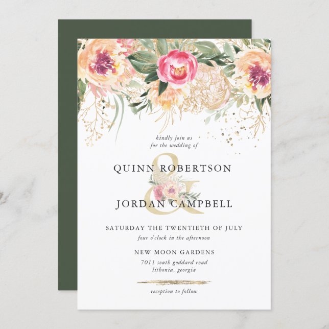 Indian Summer | Watercolor Pink Peonies Wedding Invitation (Front/Back)