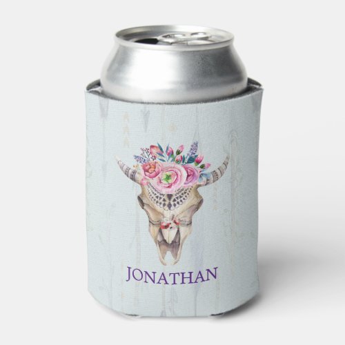 Indian Symbols Bull Skull With A Flower Can Cooler