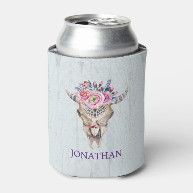 Indian Symbols Bull Skull With A Flower Can Cooler (Can Front)