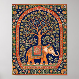 Indian tapestry of holy tree and holy elephant poster