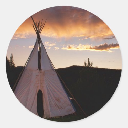 Indian Teepee Sunset  landscape Classic Round Sticker