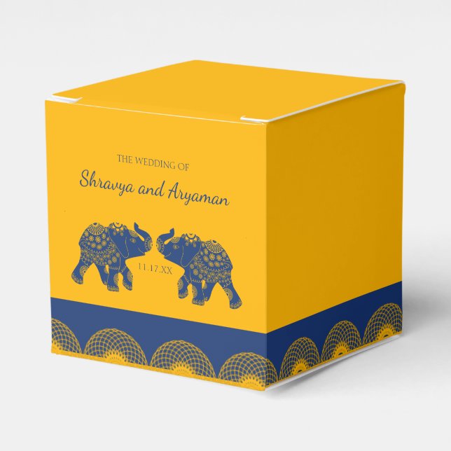 Indian Themed Elephants in Royal Blue Wedding  Favor Boxes (Front Side)
