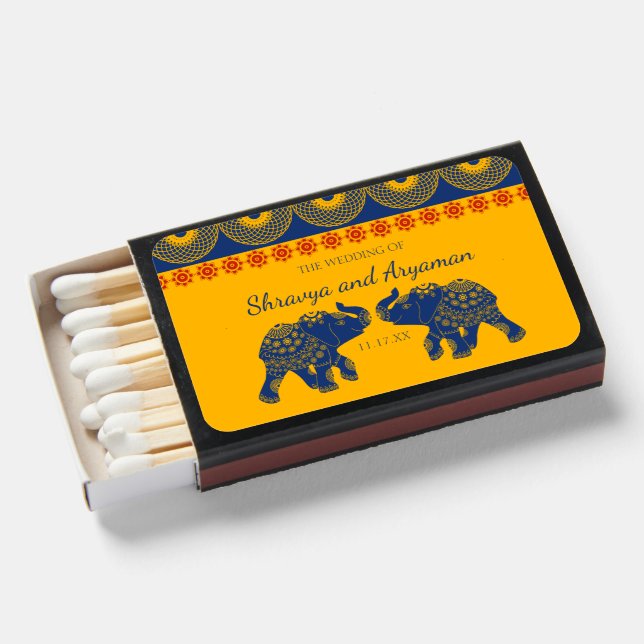 Indian Themed Elephants in Royal Blue Wedding  Matchboxes (Front Open)