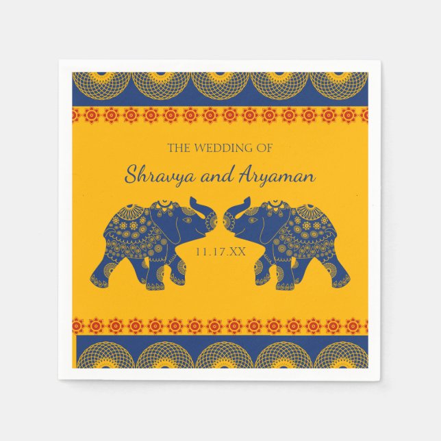 Indian Themed Elephants in Royal Blue Wedding  Napkins (Front)
