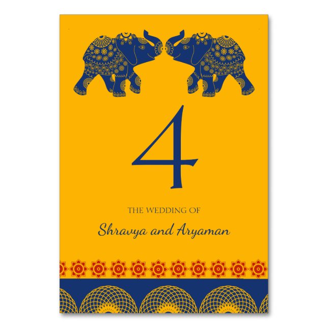 Indian Themed Elephants in Royal Blue Wedding  Table Number (Front)