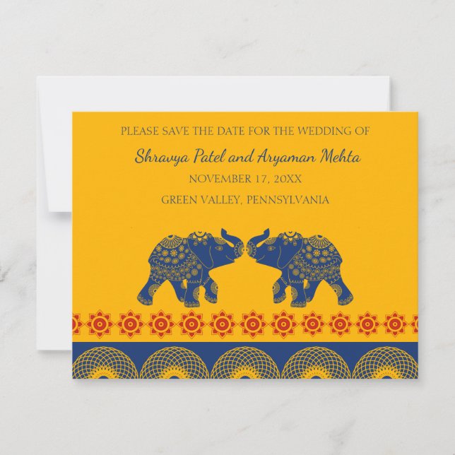 Indian Themed Elephants Wedding Save the Date Invitation (Front)