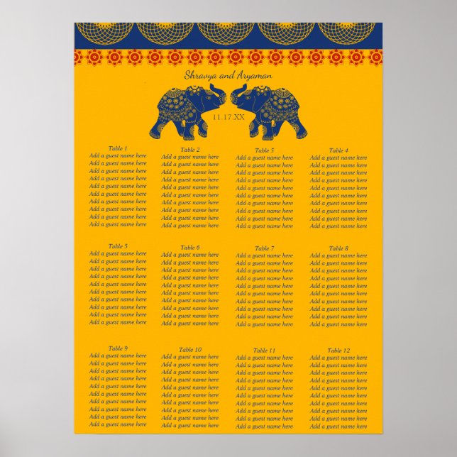 Indian Themed Elephants Wedding Seating Chart (Front)