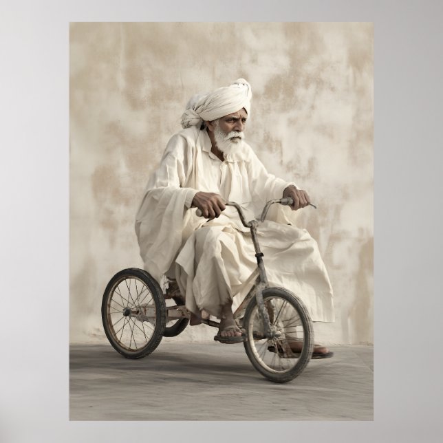 Indian Traditional Attire Riding Vintage Tricycle Poster (Front)