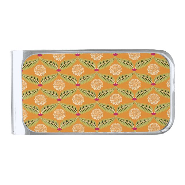 Indian Traditional Illustration Pattern. Silver Finish Money Clip (Front)