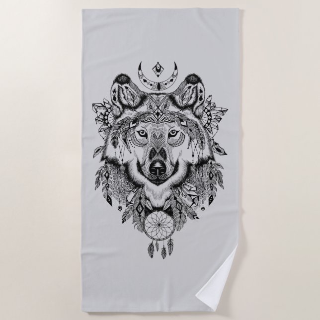 Indian Tribal Wolf Beach Towel (Front)