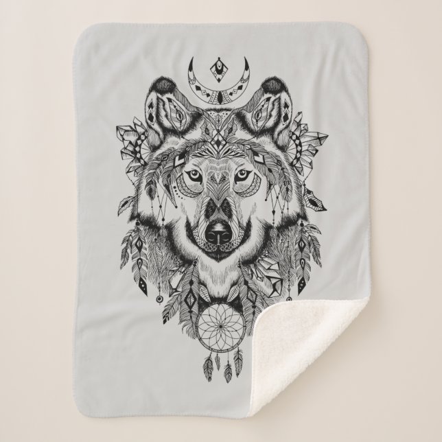 Indian Tribal Wolf Sherpa Blanket (Front)