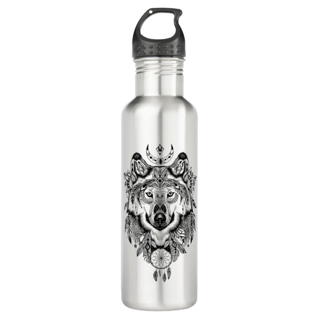 Indian Tribal Wolf Stainless Steel Water Bottle (Front)