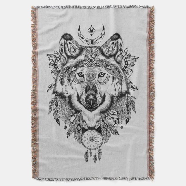 Indian Tribal Wolf Throw Blanket (Front Vertical)