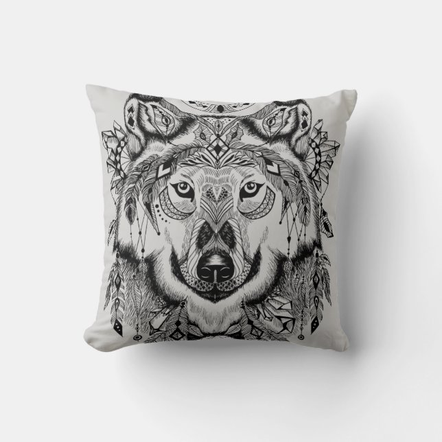 Indian Tribal Wolf Throw Pillow (Front)