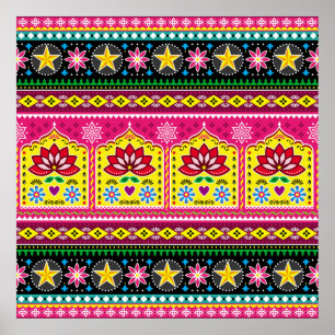 Indian truck art floral seamless folk art pattern, poster