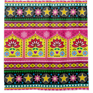 Indian truck art floral seamless folk art pattern, shower curtain