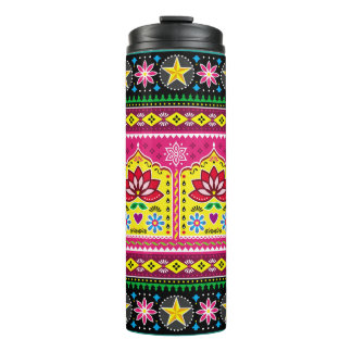 Indian truck art floral seamless folk art pattern, thermal tumbler