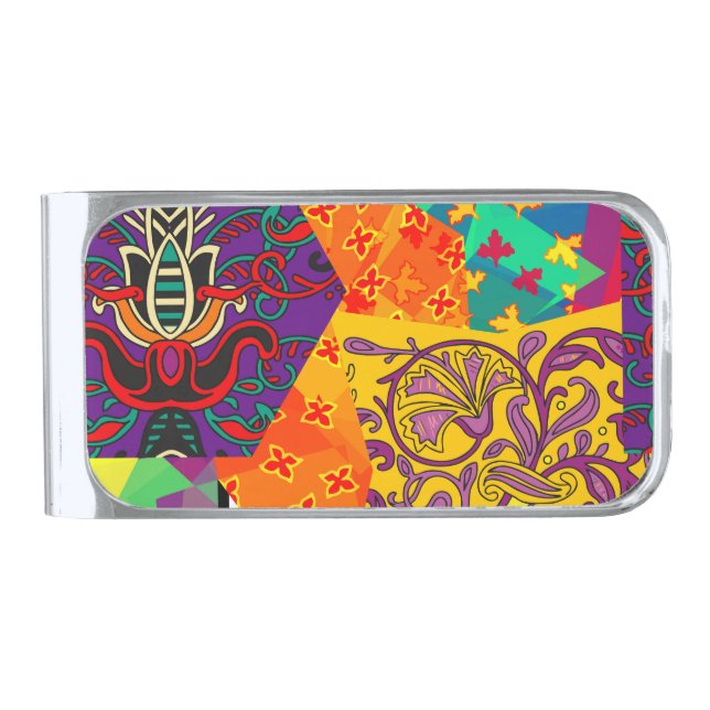 Indian Turkish Festive Patchwork Mandala Silver Finish Money Clip (Front)