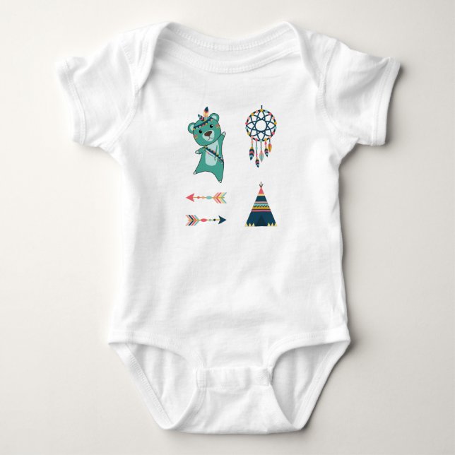 Indian Turquoise Bear Stickers Tipi Baby Bodysuit (Front)