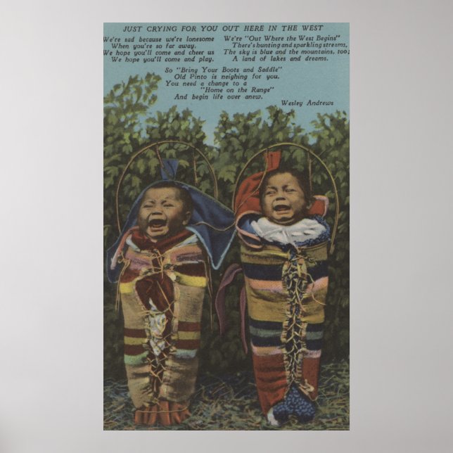 Indian Twins in Papooses & "Just Crying�" Poster (Front)